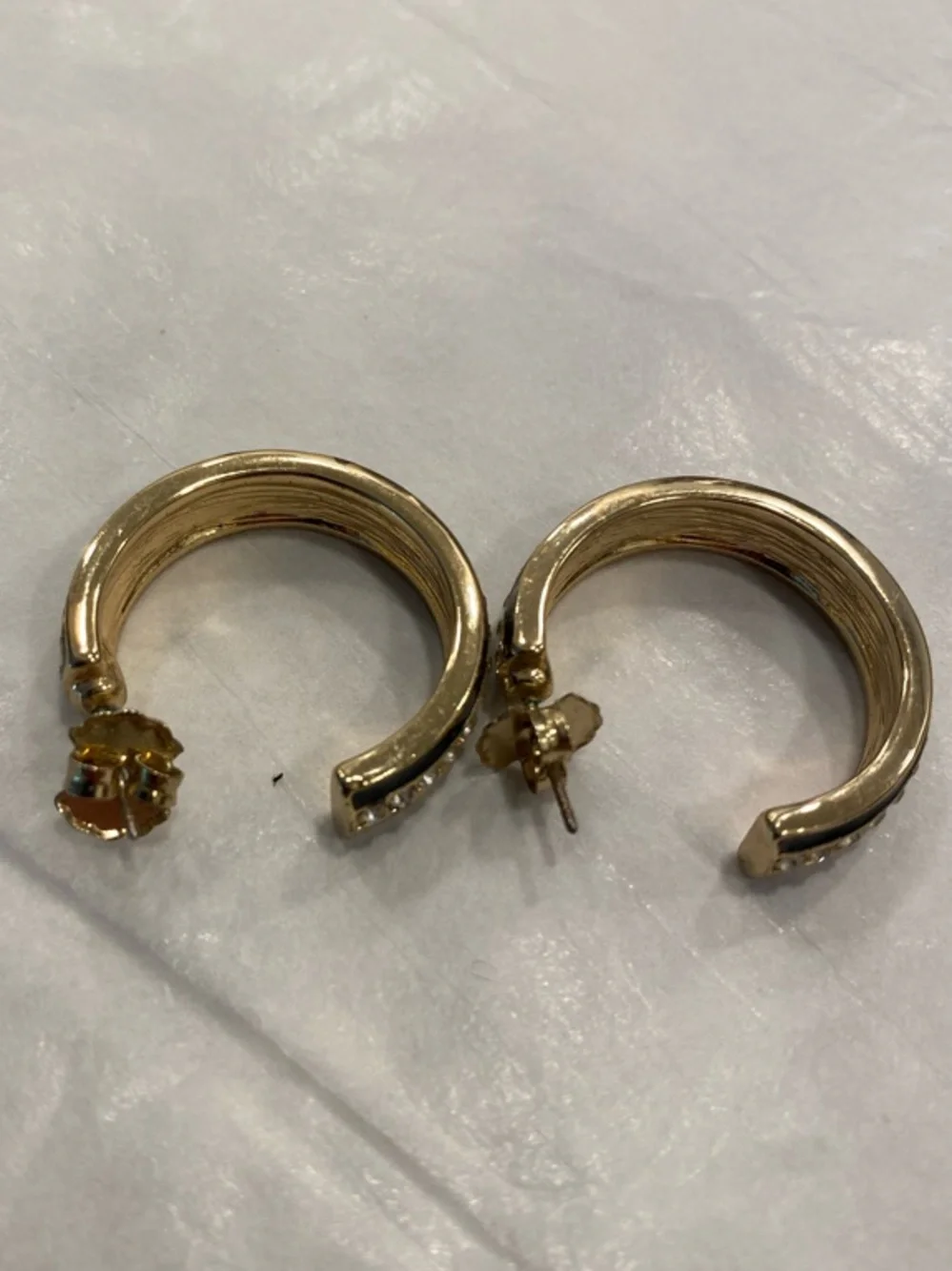 Gold Navy Enamel Rhinestone Hoop Earrings Medium - Picture 6 of 12